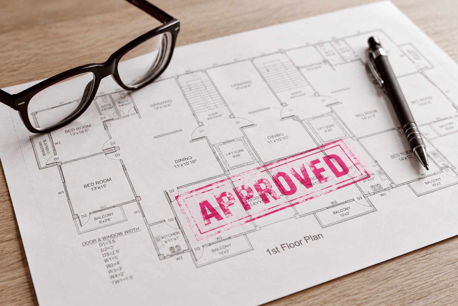 Architectural plans with pink APPROVED stamp